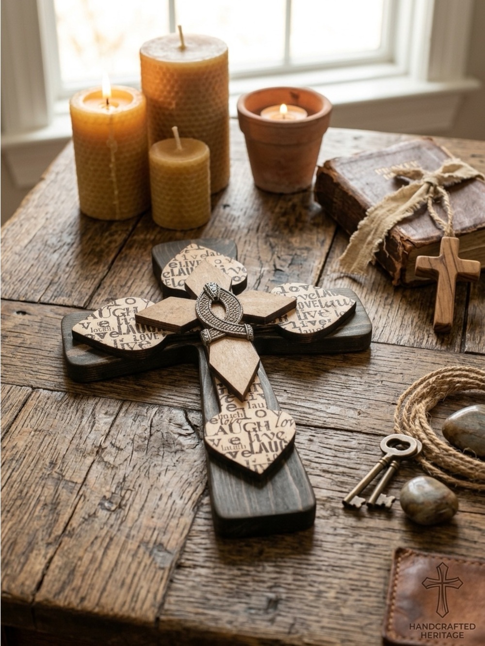 Handmade Vintage Layered Wooden Wall Cross Rustic “Live Laugh Love” Script
